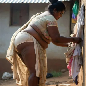 Curvy South Indian aunty hanging laundry outdoors showing large posterior
