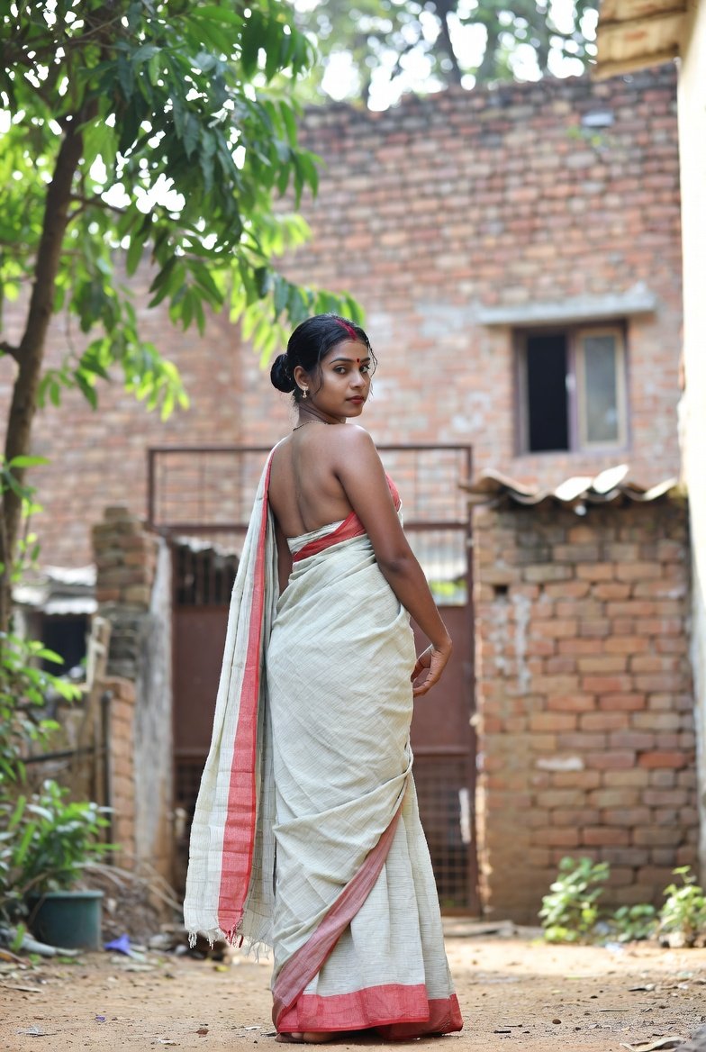 Captivating Indian aunty in white saree posing confidently outdoors