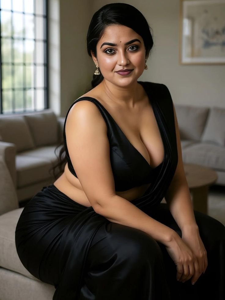 Curvy South Indian bhabhi in elegant black dress posing confidently