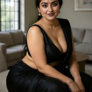 Curvy South Indian bhabhi in elegant black dress posing confidently