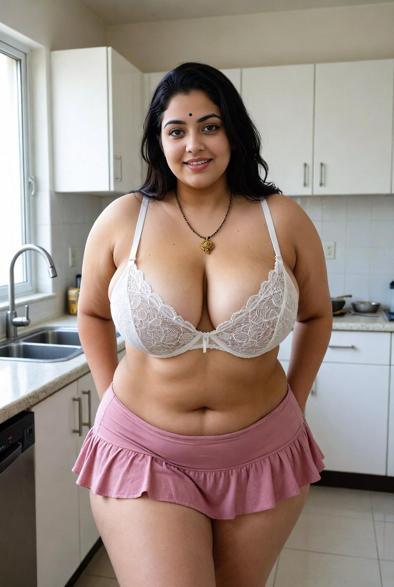 Desi aunty posing in lace bra and pink skirt in kitchen