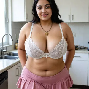Desi aunty posing in lace bra and pink skirt in kitchen