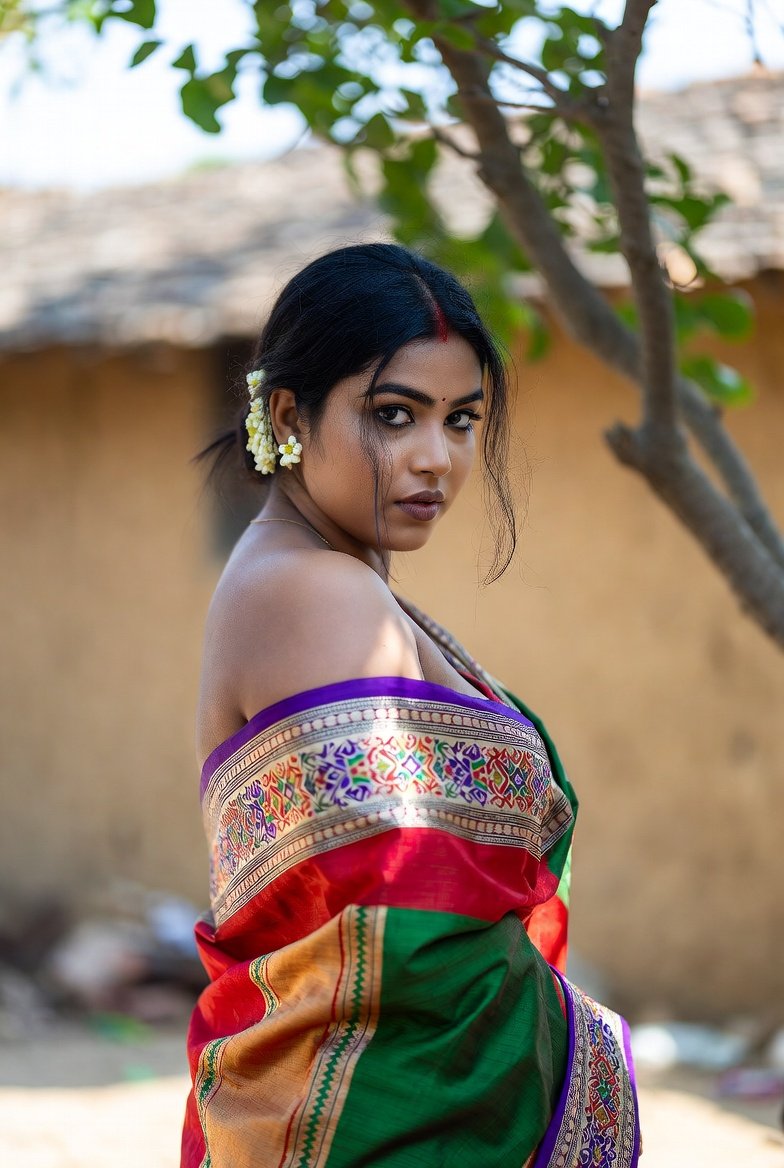 Beautiful Indian woman in traditional saree posing gracefully outdoors