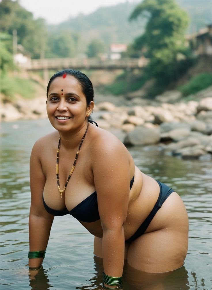 Curvy Indian aunty in black bikini posing in river