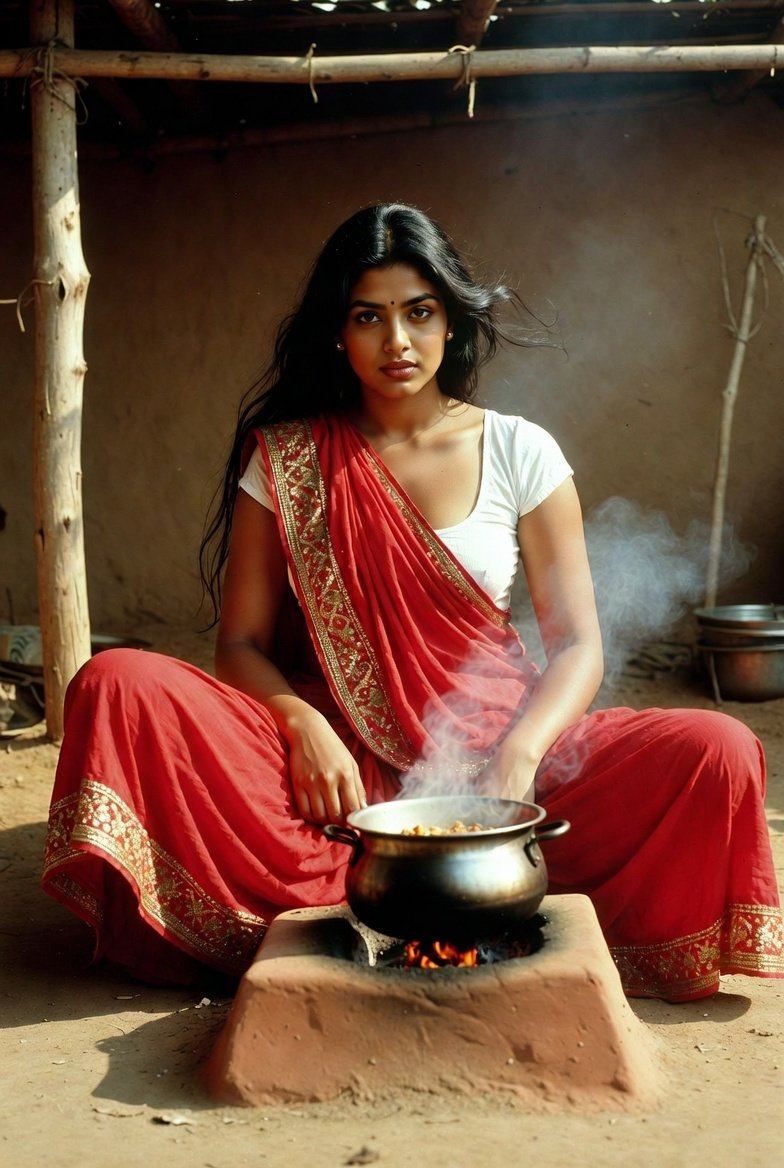 Thick South Indian aunty cooking in red saree