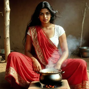 Thick South Indian aunty cooking in red saree