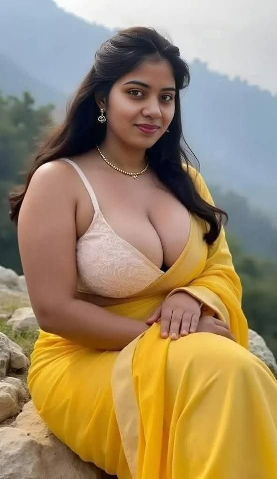 South Indian woman in yellow saree sitting on rocky hillside
