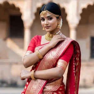 Indian woman in red and gold saree with ornate jewelry