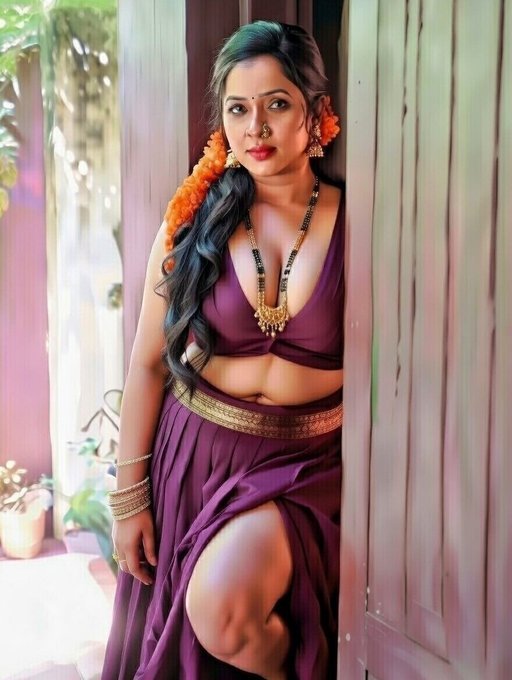 Curvy Indian bhabhi in lavender saree posing sensually