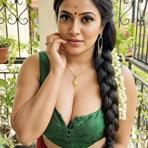 Voluptuous South Indian bhabhi in green blouse posing outdoors