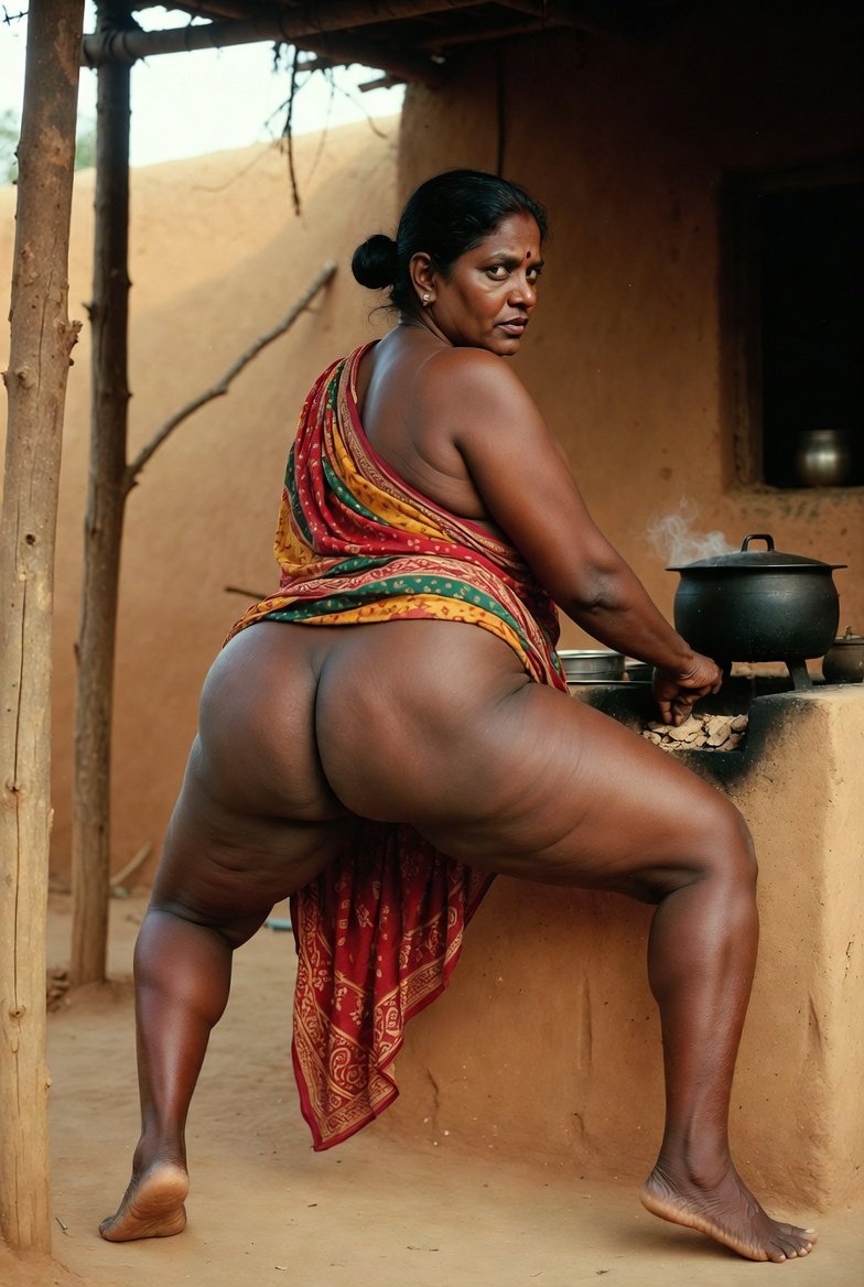 Curvy south indian aunty bending over cooking pot in village