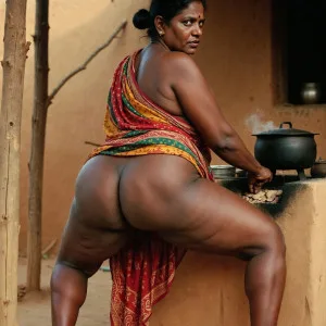 Curvy south indian aunty bending over cooking pot in village