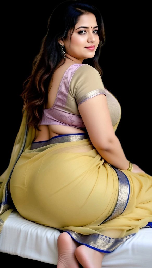 Curvy Indian bhabhi in yellow saree posing sexy against black background