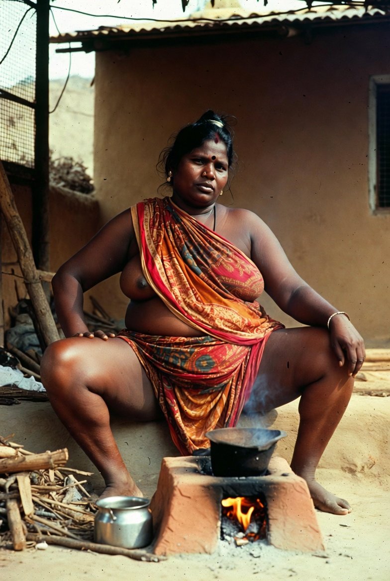 Voluptuous South Indian aunty cooking outdoors in colorful saree