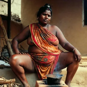 Desi Aunty in Traditional Saree Cooking Outdoors