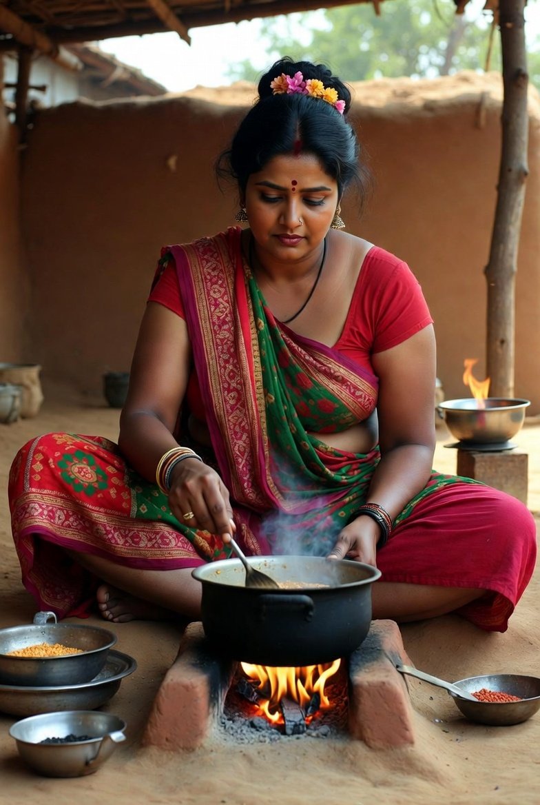 Indian bhabhi cooking over open fire in colorful saree インド概括