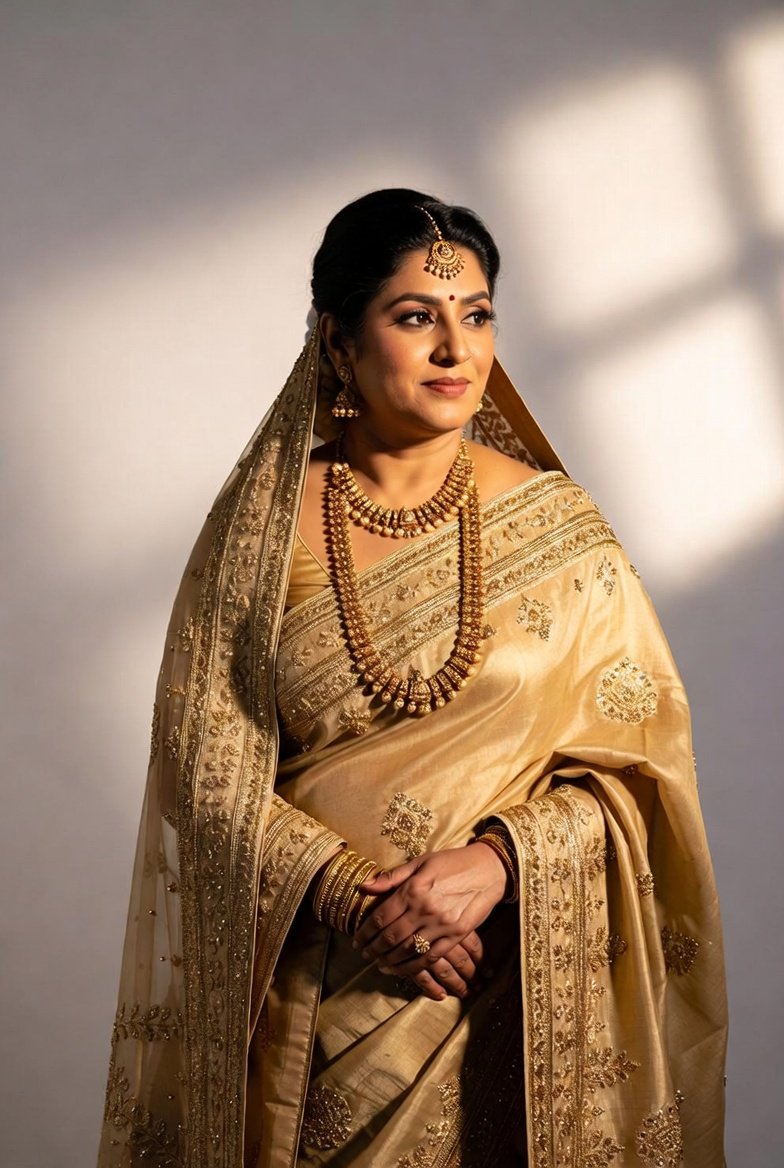 Indian bhabhi in golden saree and jewelry posing gracefully