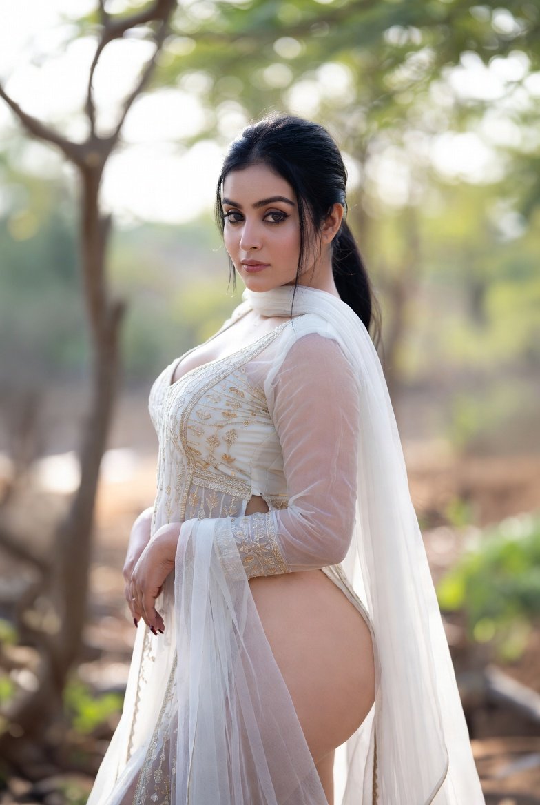 Desi aunty in sheer white lehenga posing outdoors
