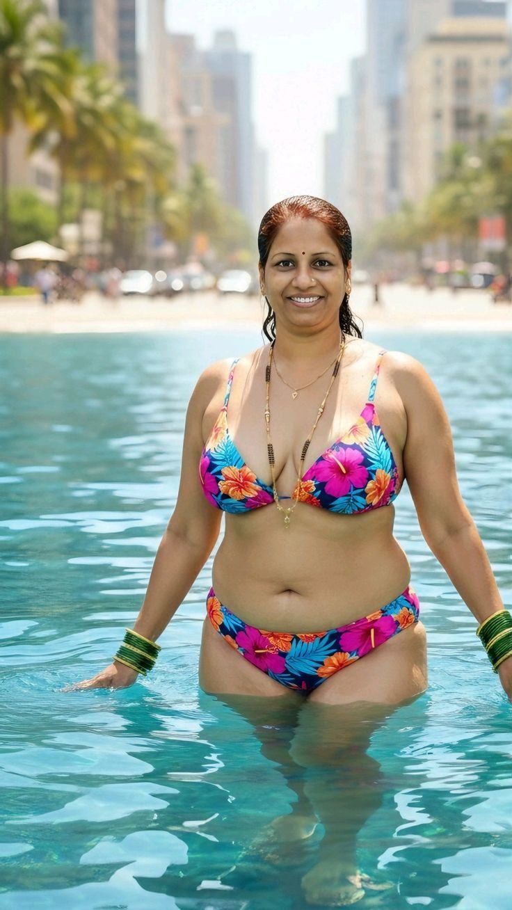 Brown aunty in tropical bikini standing in poolside