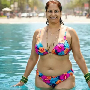 Radiant Desi Aunty Sparkles in Tropical Bikini