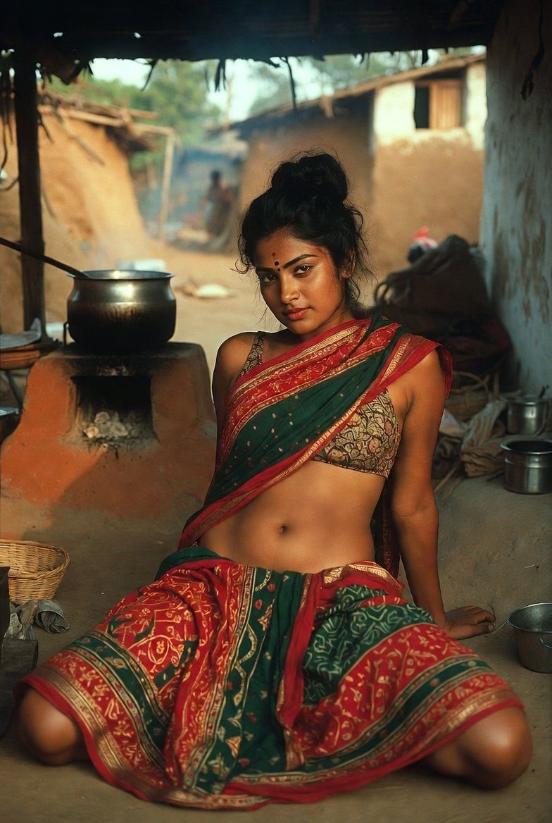 Sensual Indian bhabhi in saree posing at a traditional home.