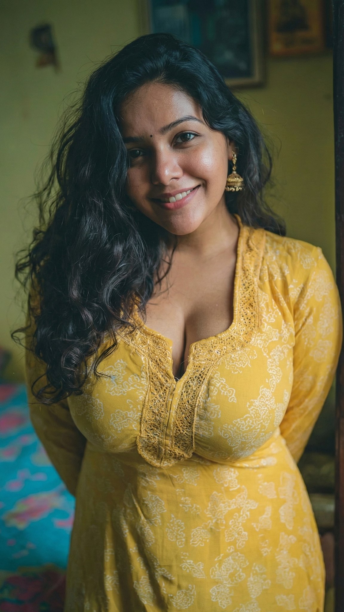 Beautiful Indian bhabhi wearing yellow kurti looking seductive
