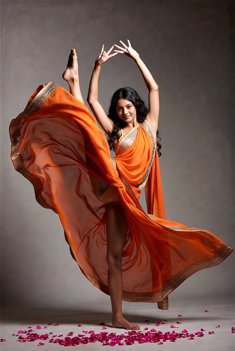 Elegant Indian woman in orange saree dancing gracefully in studio