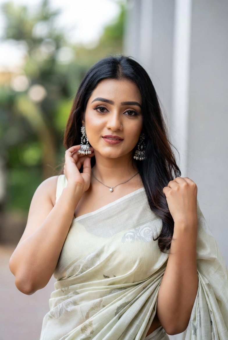 Elegant Indian bhabhi in cream saree with delicate patterns and beautiful jewelry