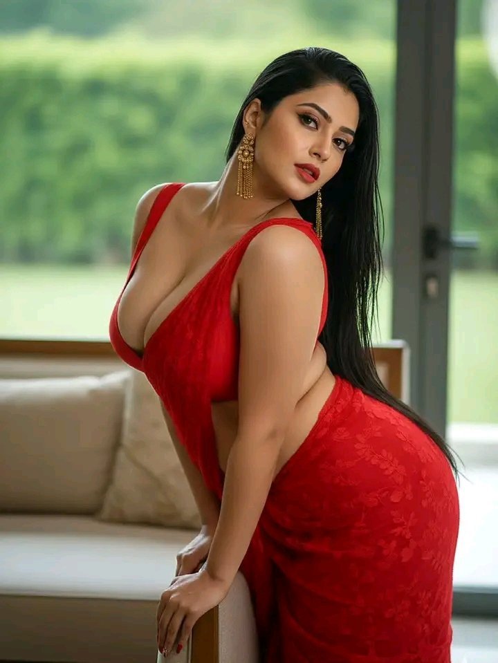 Curvaceous Indian bhabhi wearing red velvet dress with hand on hip in bedroom