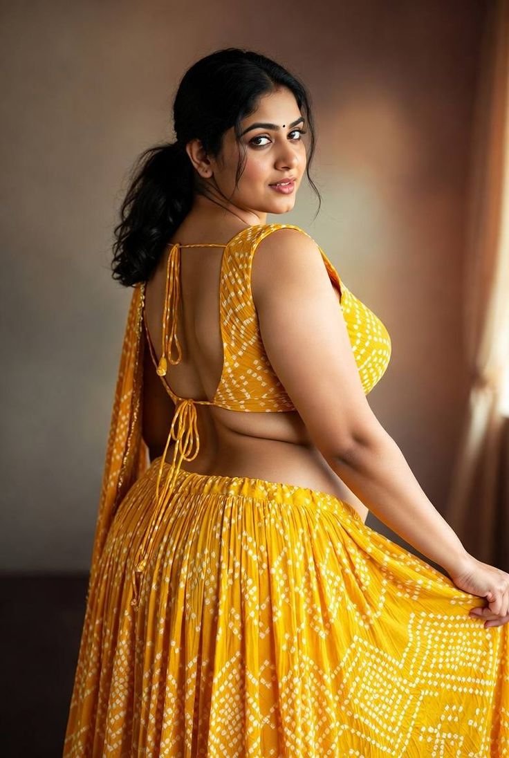 Curvy Indian woman in yellow lehenga posing seductively in studio