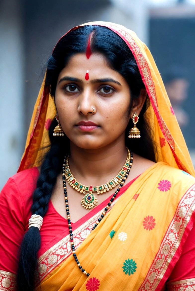 Stunning North Indian bhabhi in yellow and red saree with traditional jewelry