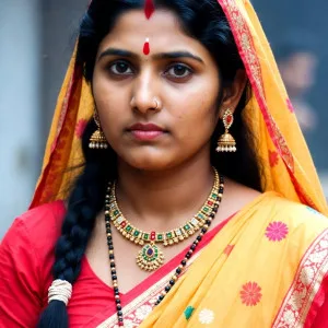 Stunning North Indian bhabhi in yellow and red saree with traditional jewelry