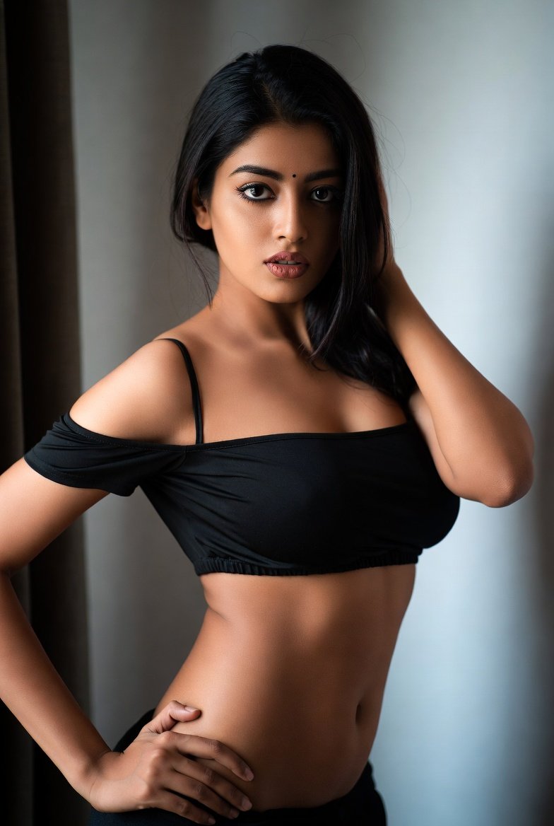 Indian woman in black crop top posing confidently and seductively