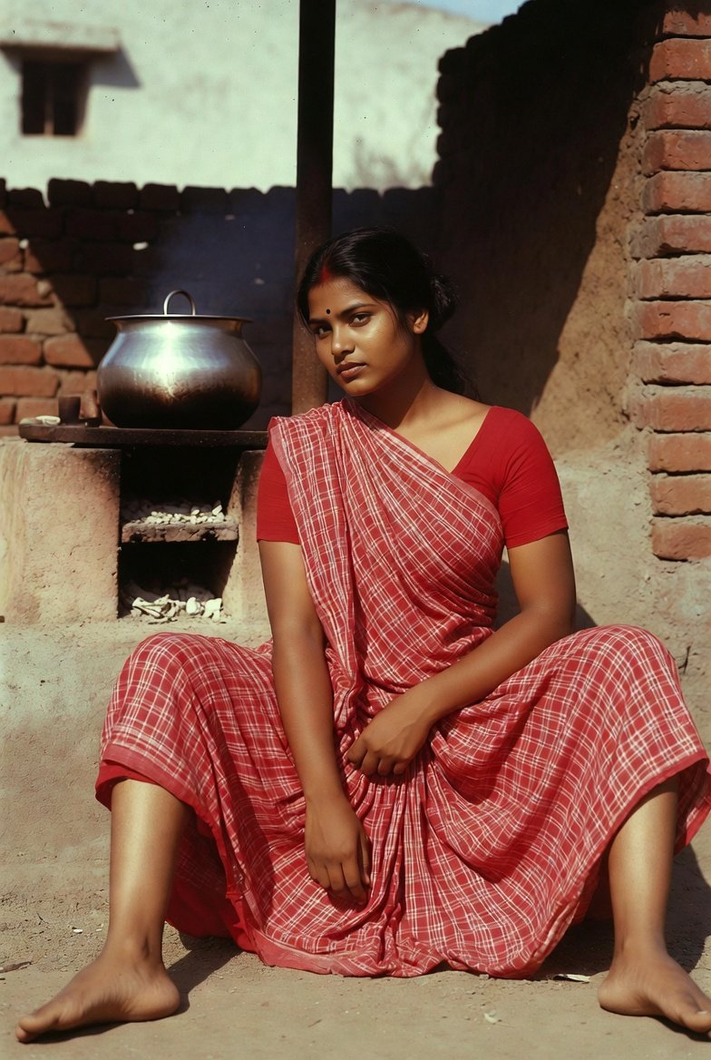Desi woman in red checkered saree sitting outdoors gracefully