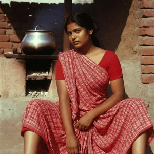 Desi woman in red checkered saree sitting outdoors gracefully