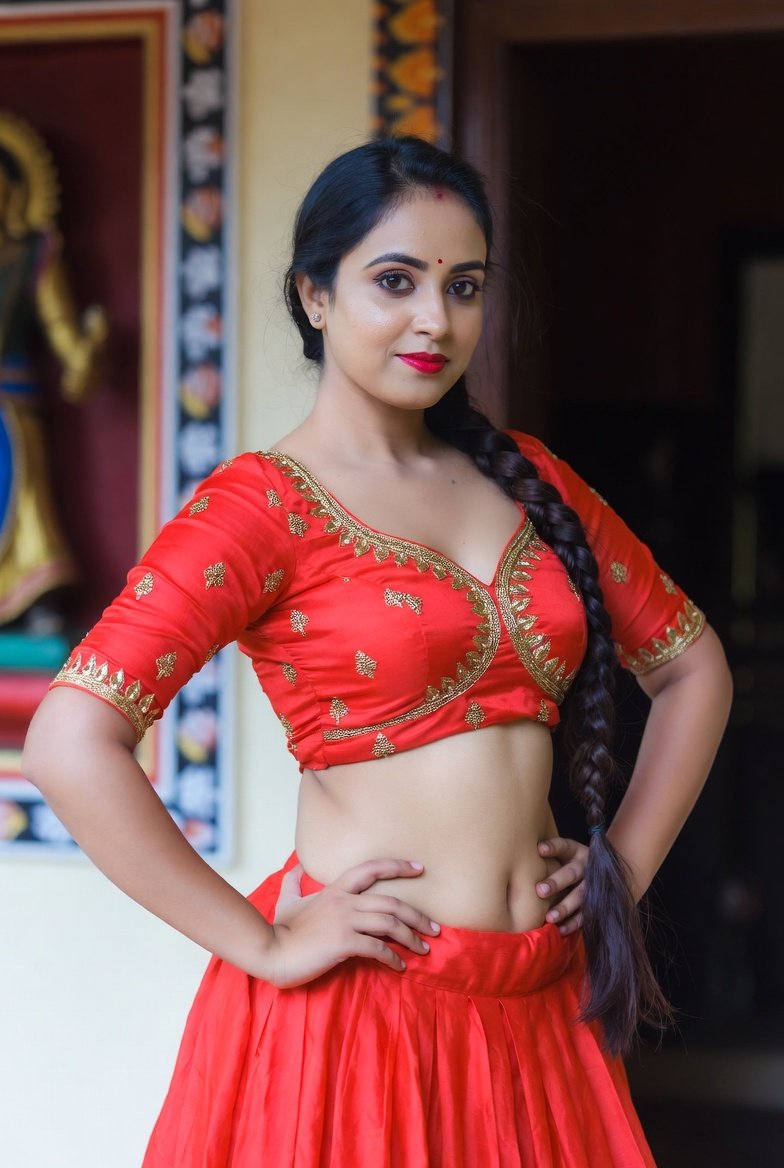 Indian woman in red traditional attire standing confidently with hands on hips