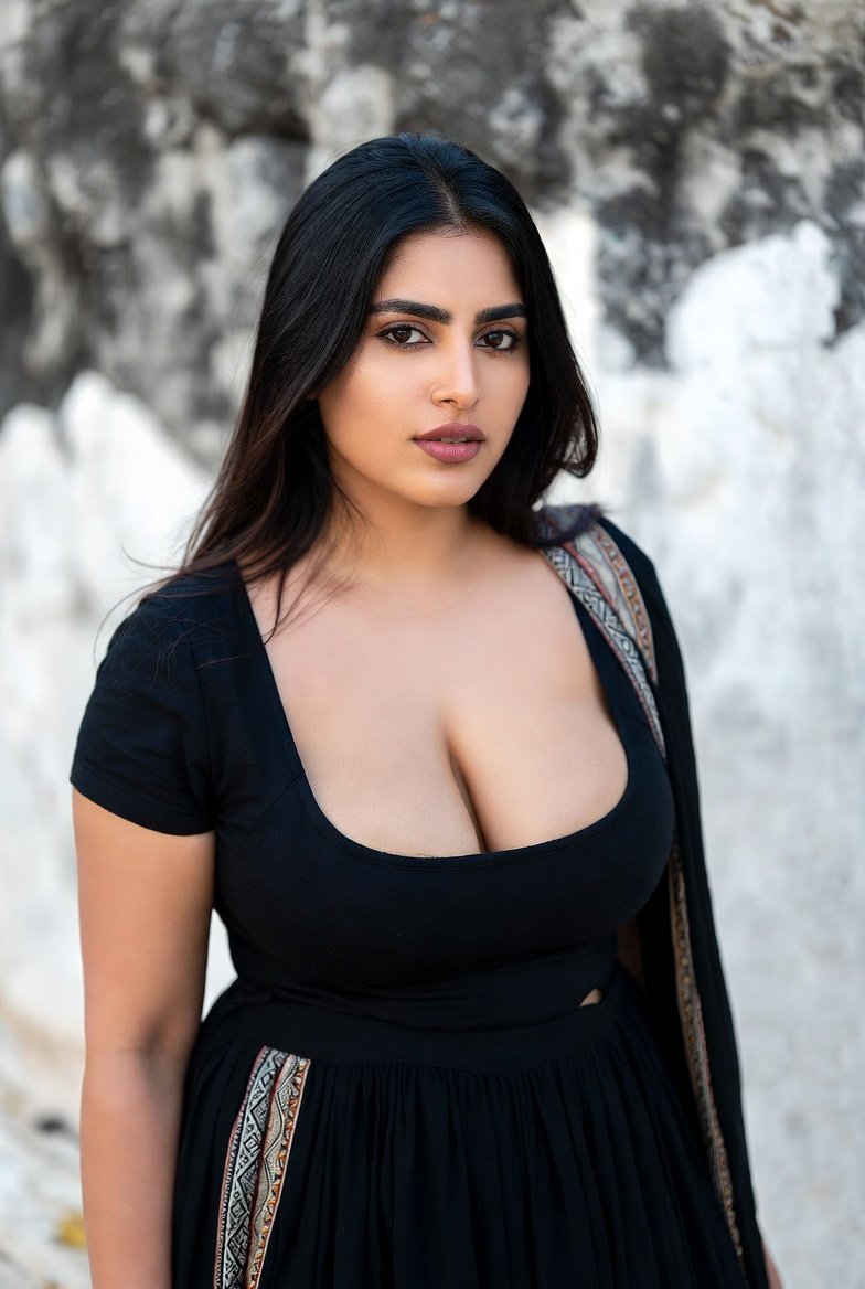 Confident Indian woman in black dress displaying cleavage outdoors