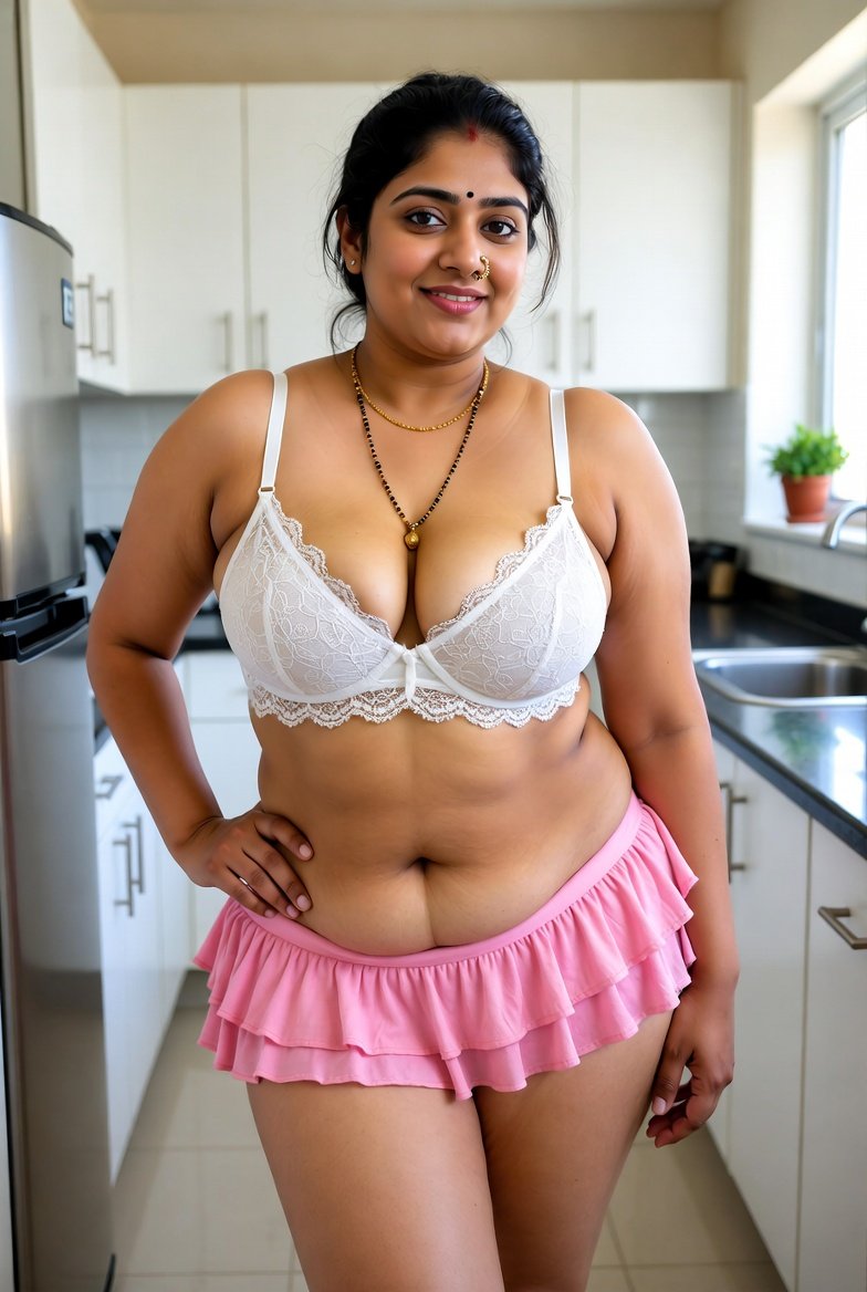 Curvy Indian bhabhi in white lace bra and pink skirt standing in kitchen