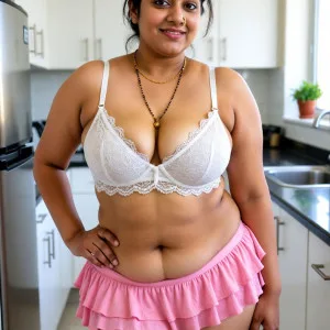Curvy Indian bhabhi in white lace bra and pink skirt standing in kitchen