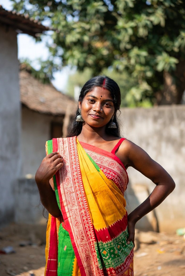 Confident Indian aunty in vibrant saree outdoors