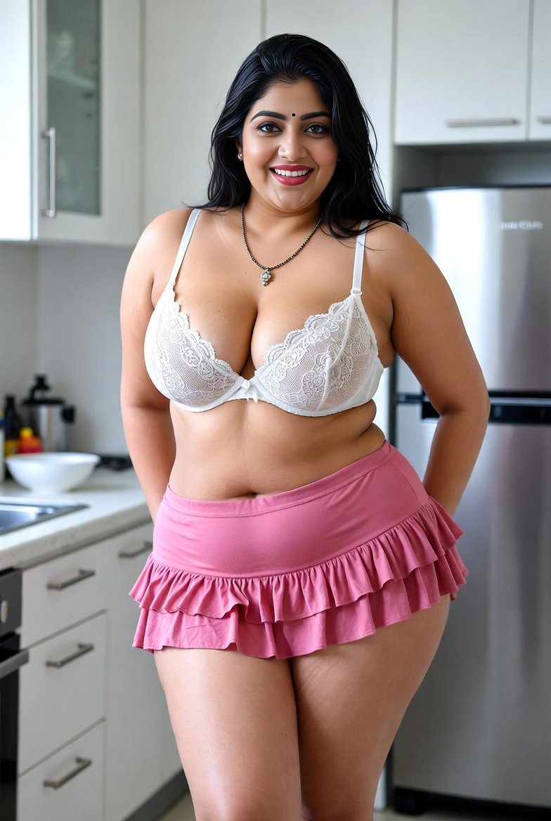 Curvy desi bhabhi in lace bra and pink skirt smiling in kitchen