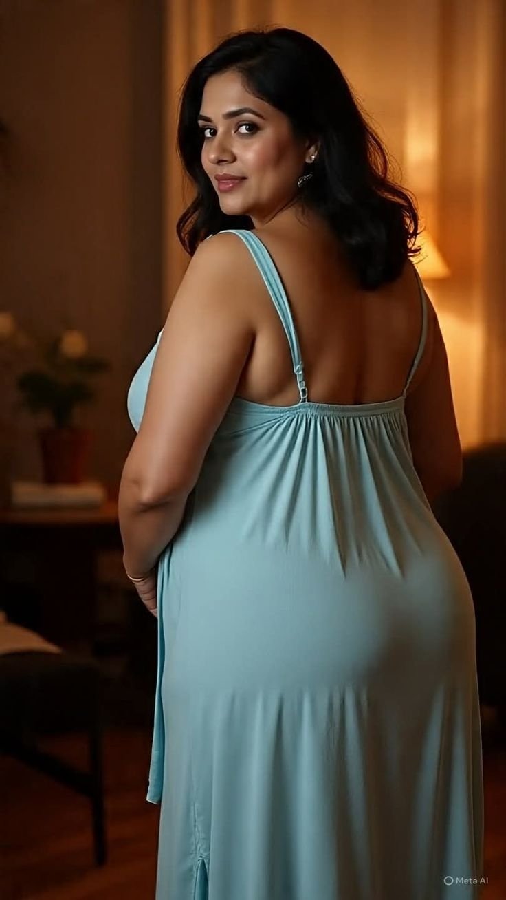 Captivating South Indian aunty in revealing light blue nightwear posing seductively