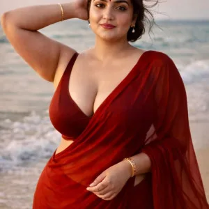 Stunning bhabhi in red saree posing on beach