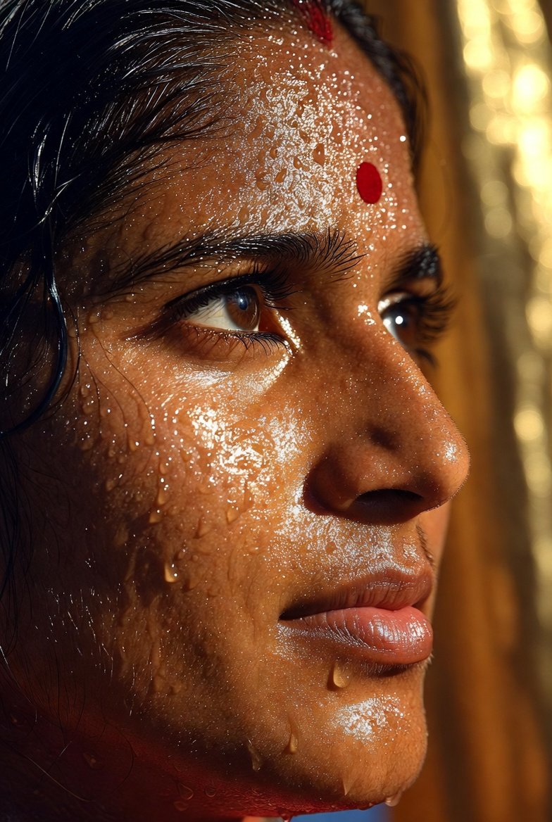 Beautiful Indian bhabhi with wet, glistening skin and intense eyes