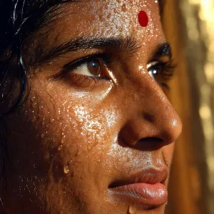 Beautiful Indian bhabhi with wet, glistening skin and intense eyes