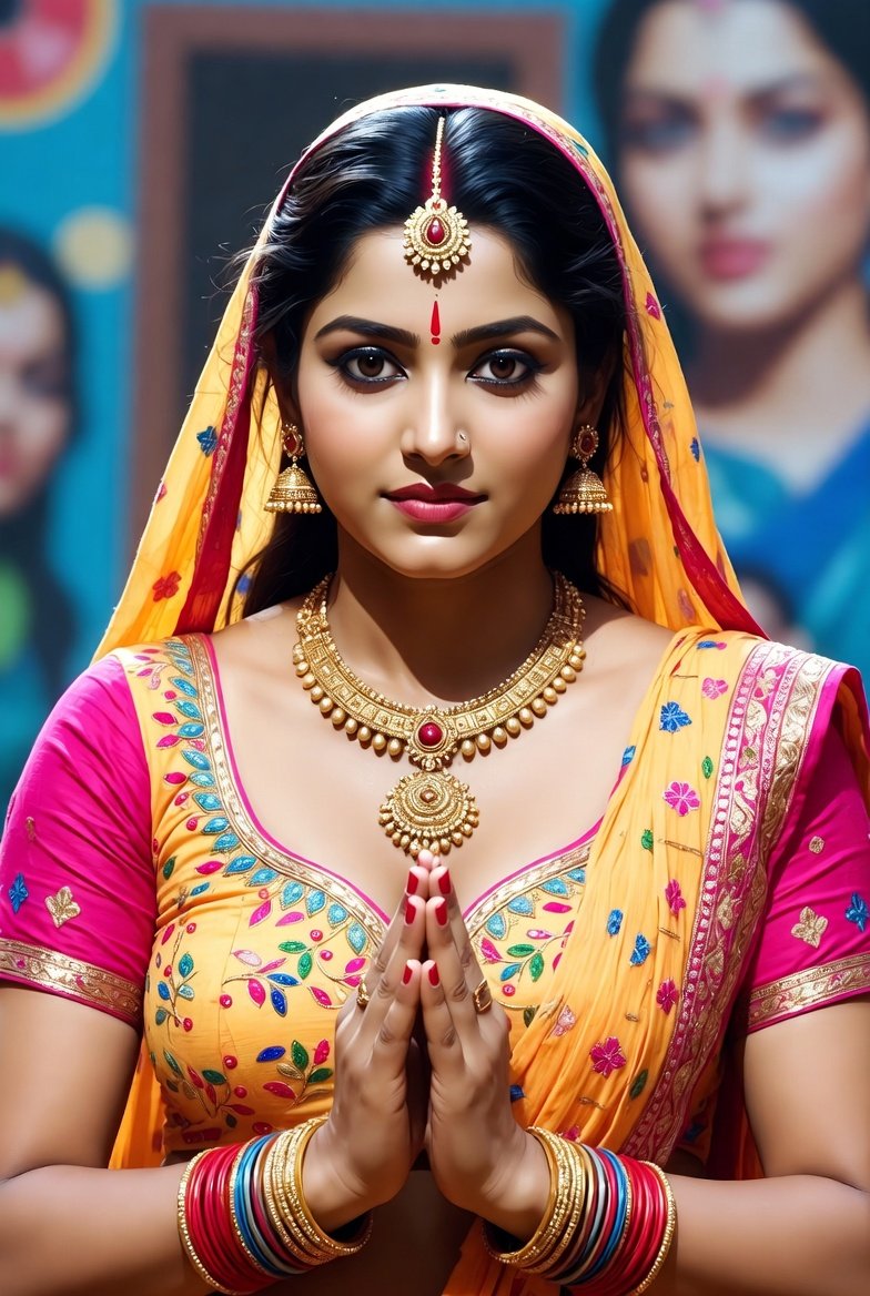 Indian woman in vibrant saree exuding cultural charm