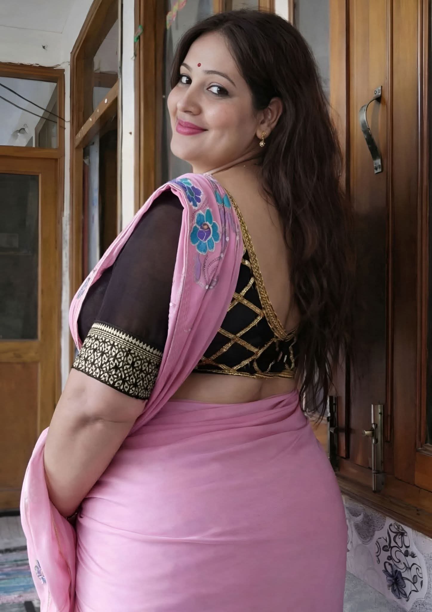 Captivating bhabhi in pink saree smiling over shoulder