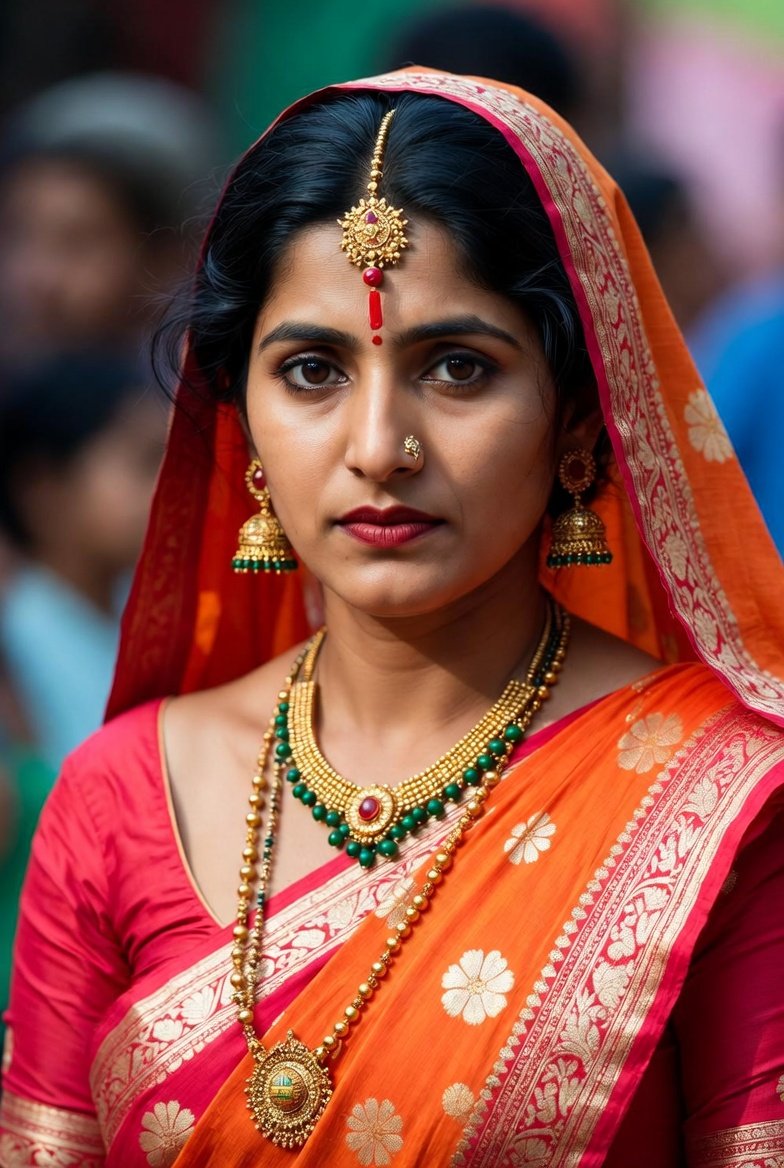 Stunning Indian bride in traditional orange saree with gold jewelry