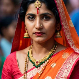 Stunning Indian bride in traditional orange saree with gold jewelry