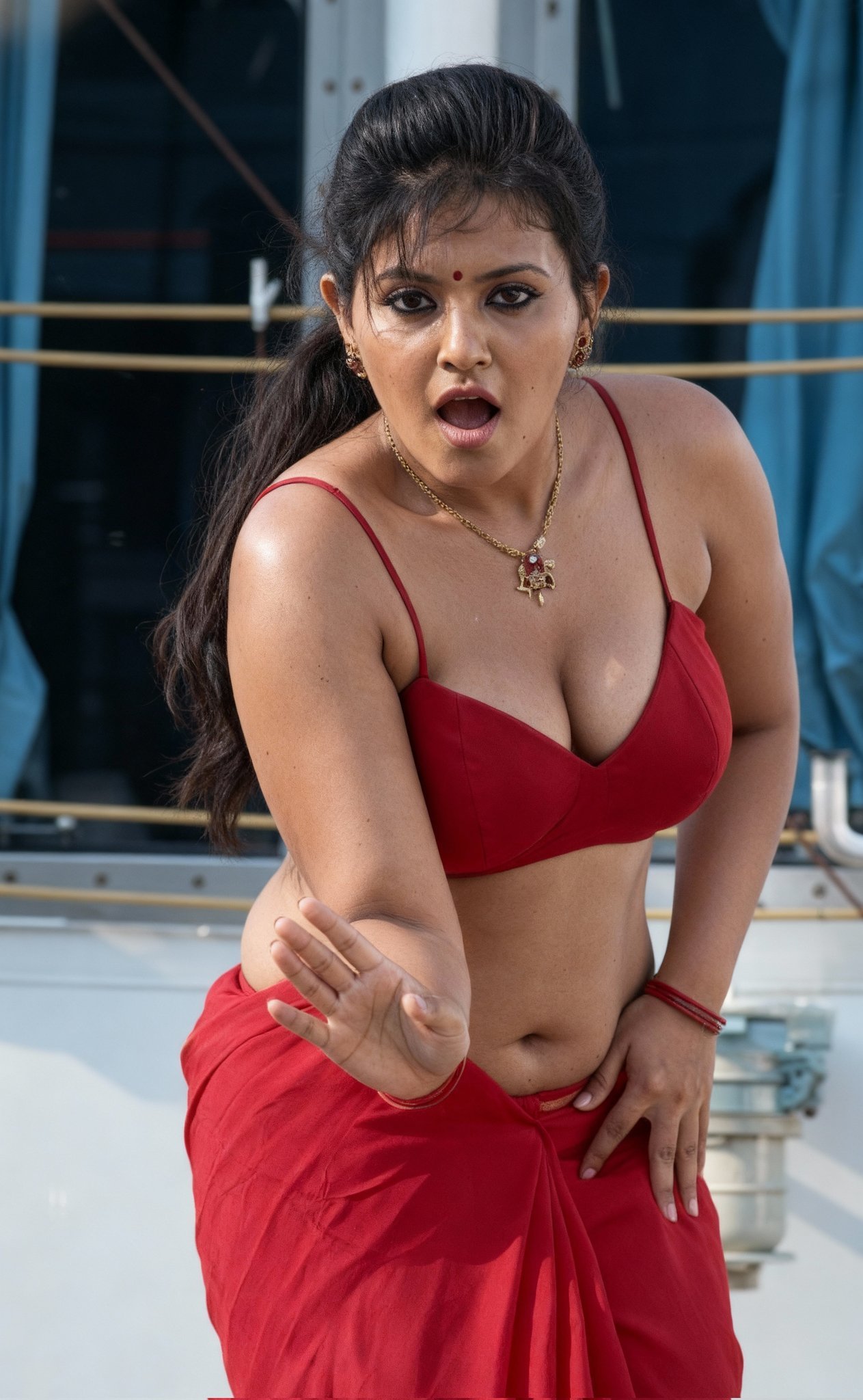 Bold bhabhi in red saree top and skirt posing outdoors